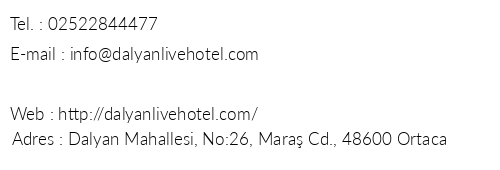 Dalyan Live Hotel telefon numaralar, faks, e-mail, posta adresi ve iletiim bilgileri